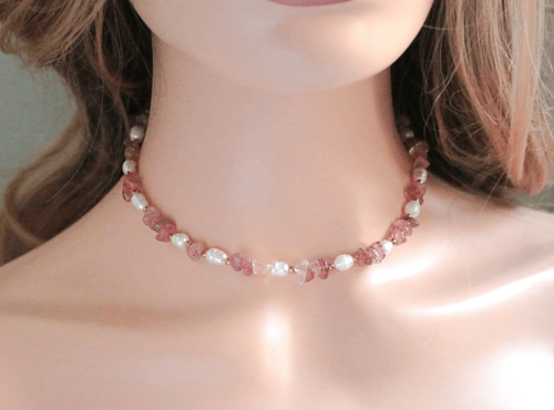 Natural Strawberry Quartz Crystal & Freshwater Pearls Choker - Image 4