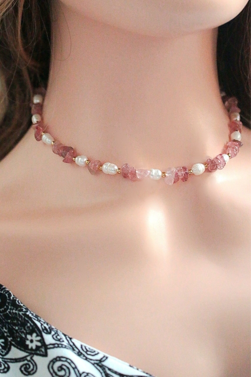 Natural Strawberry Quartz Crystal & Freshwater Pearls Choker - Image 3