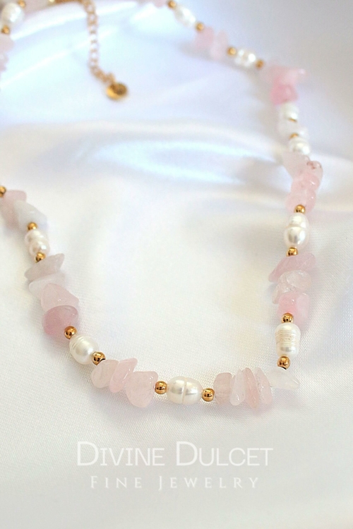 Natural Rose Quartz Crystal & Freshwater Pearls Choker - Image 2