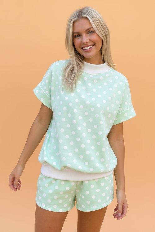 Polka Dot Colorblock Mock Neck & Shorts Set