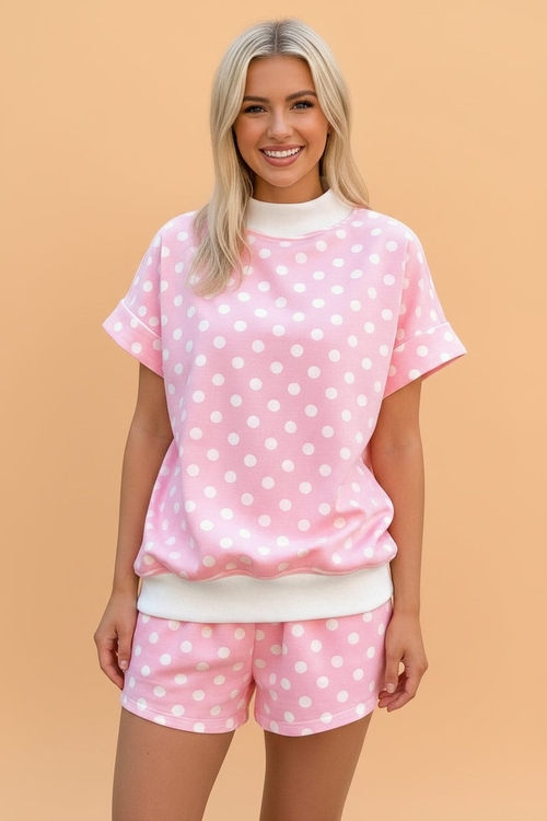 Polka Dot Colorblock Mock Neck & Shorts Set - Image 3