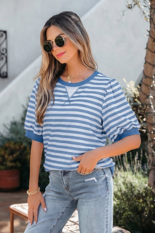 Stripe Short Bubble Sleeve T-Shirt - Image 4