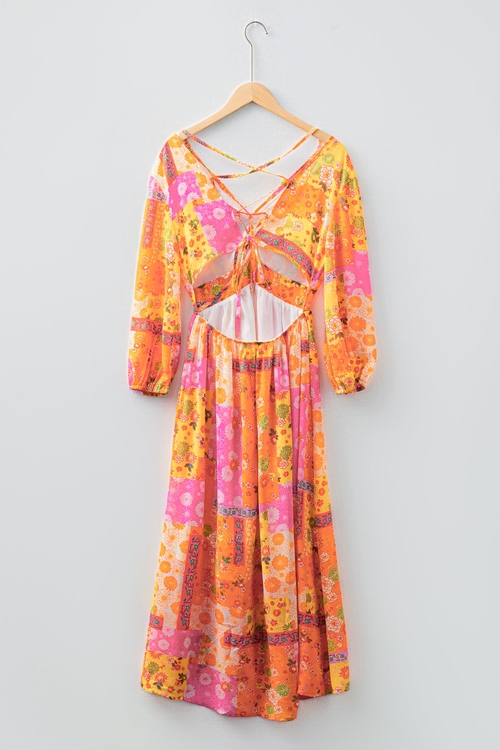 Floral Patchwork Cut-Out Tied Back Maxi Dress - Image 5