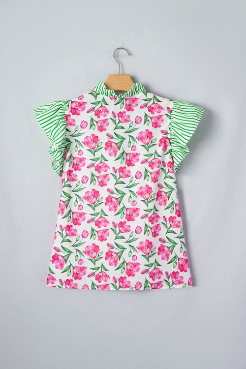 Floral Stripe Ruffle Trim V-Neck Blouse - Image 3