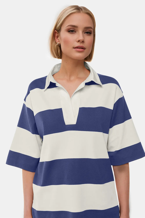 Oh Pima Cotton Wash Color Block Johnny Collar Half Sleeve Top - Image 2
