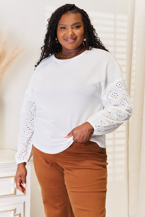 Shiny Eyelet Dropped Shoulder Round Neck Blouse - Image 7