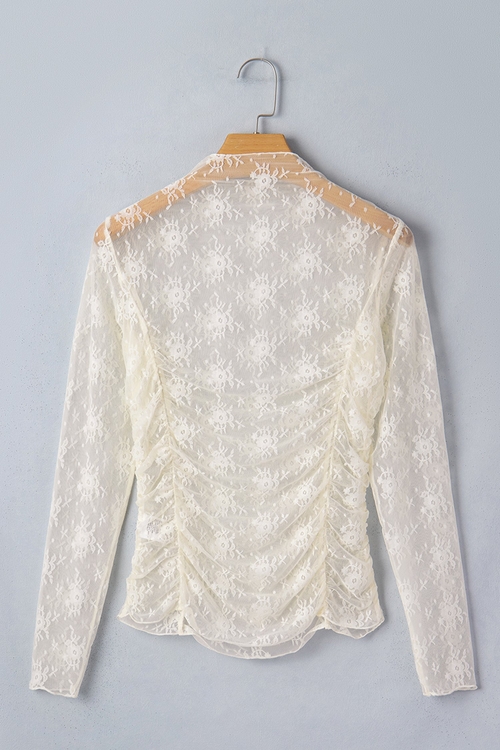 Floral Mesh Ruched Long Sleeve Sheer Top - Image 3