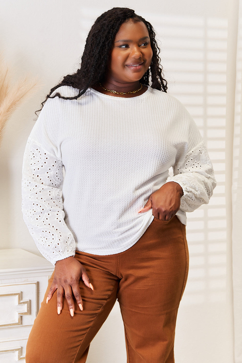Shiny Eyelet Dropped Shoulder Round Neck Blouse - Image 5