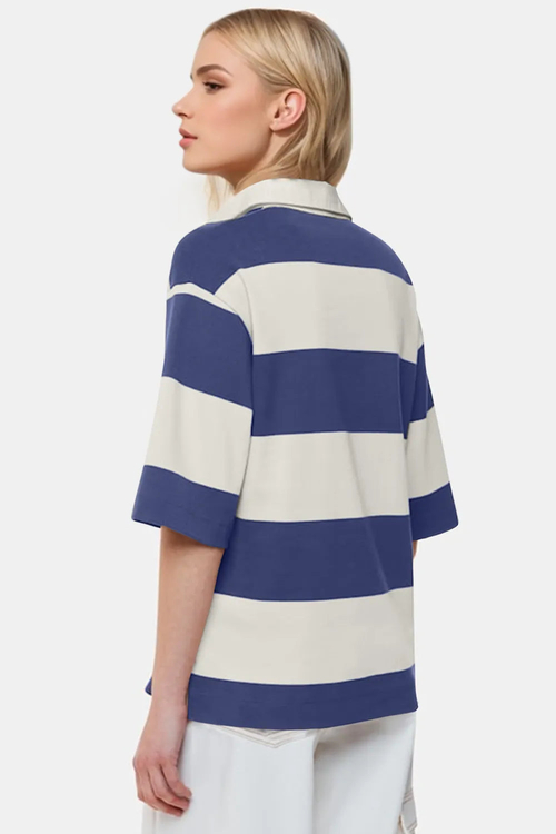 Oh Pima Cotton Wash Color Block Johnny Collar Half Sleeve Top - Image 3