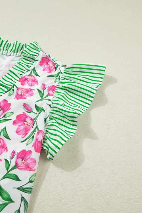 Floral Stripe Ruffle Trim V-Neck Blouse - Image 5