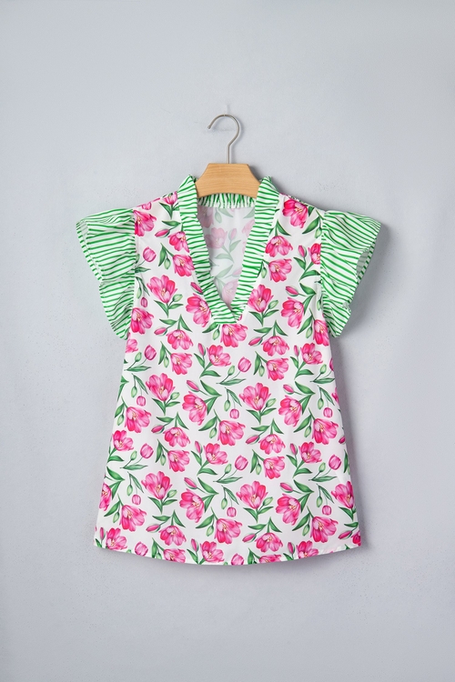 Floral Stripe Ruffle Trim V-Neck Blouse - Image 2