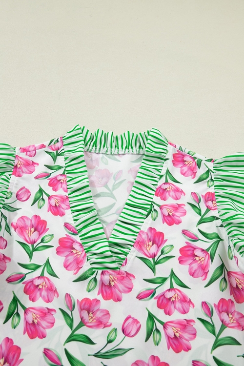 Floral Stripe Ruffle Trim V-Neck Blouse - Image 4