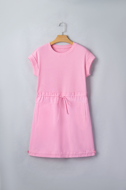 Solid Ribbed Knit Patchwork Drawstring Mini Dress - Image 3
