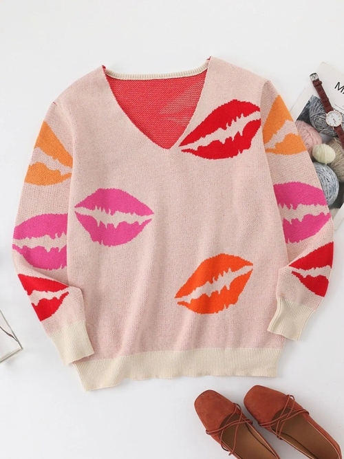 Colorful Lips V-Neck Sweater - Image 2