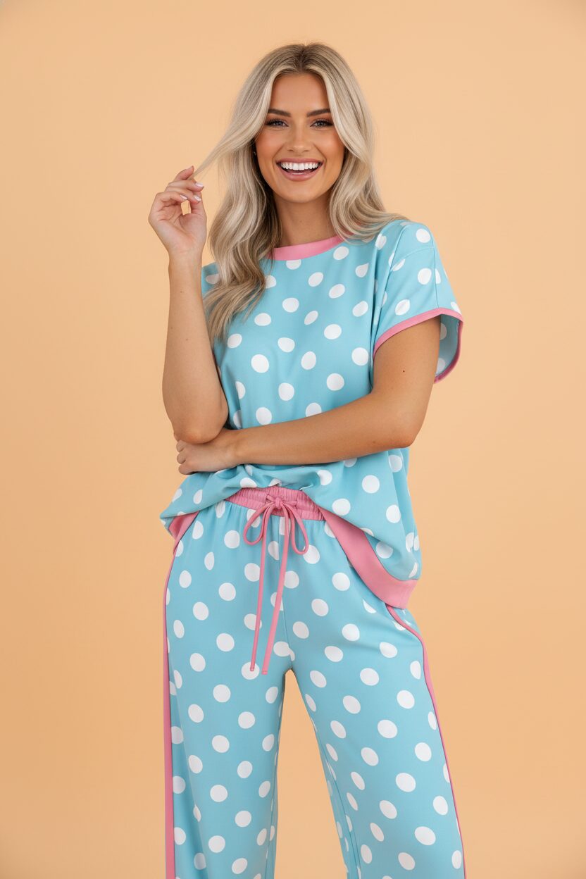 Polka Dot Short Sleeve Top & Drawning Pants Set - Image 2