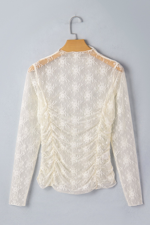 Floral Mesh Ruched Long Sleeve Sheer Top - Image 2