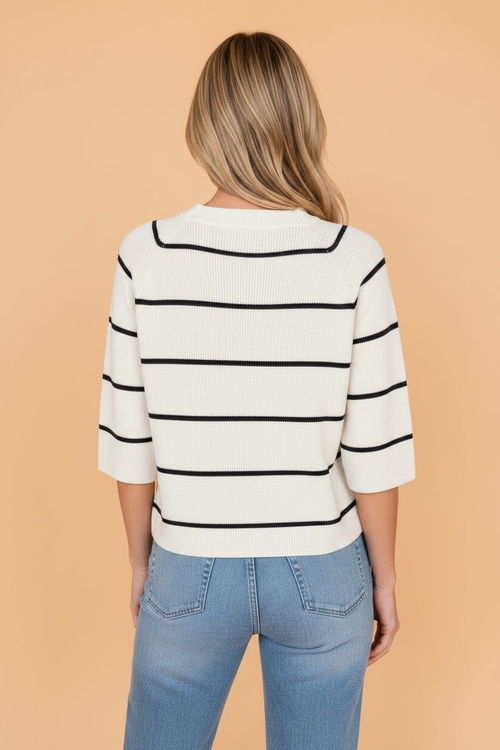 Stripe Ribbed Knit 3/4 Sleeve Sweater Tee - Image 2