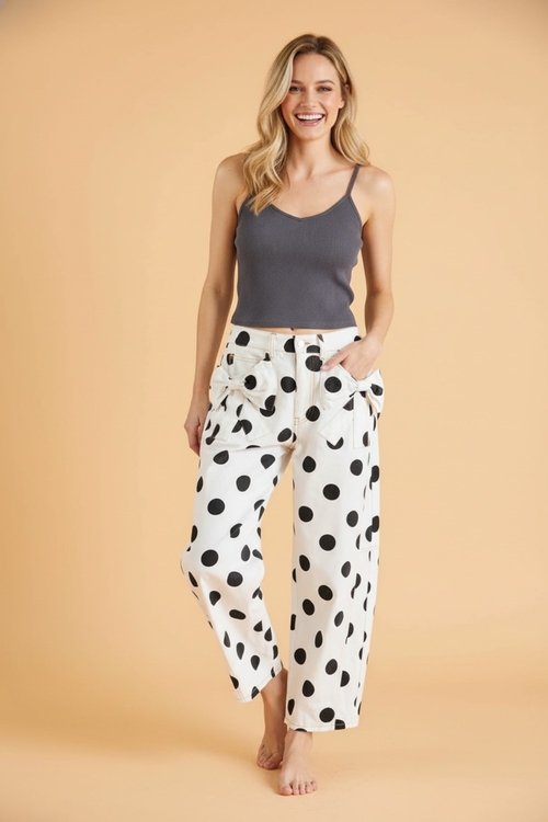 Polka Dot Denim Bow Pocket Barrel Leg Jeans - Image 2