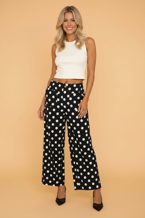 Polka Dot Patch Pocket Straight Leg Pants - Image 3