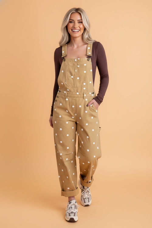 Polka Dot Denim Barrel Leg Overalls Jumpsuit - Image 2