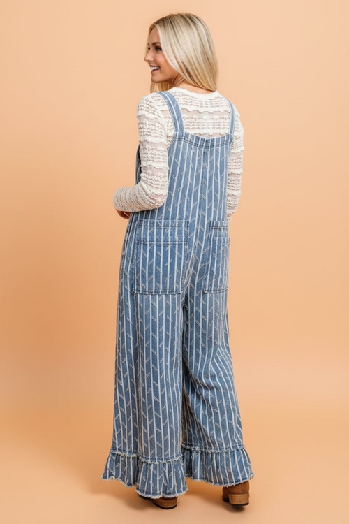 Stripe Distressed Denim Ruffle Wide Leg Overalls - Image 2
