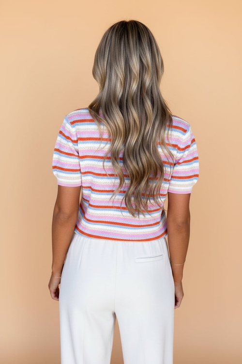 Stripe Textured Knit Short Sleeve Sweater - Image 2