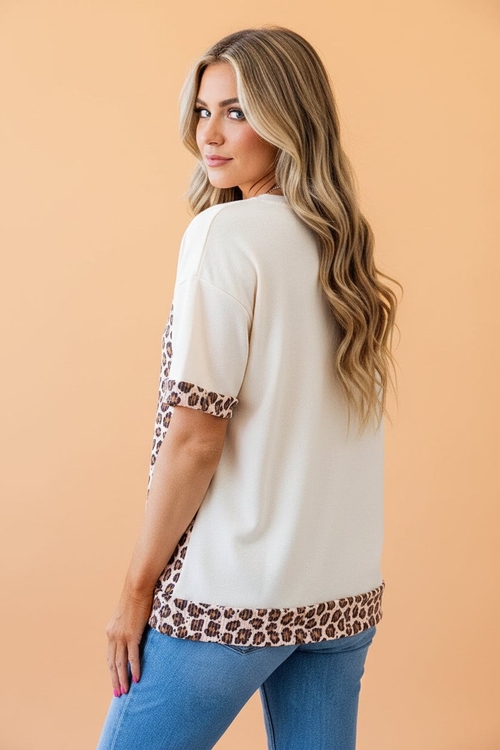 Leopard Ribbed Patchwork Uneven Hem T-Shirt - Image 2