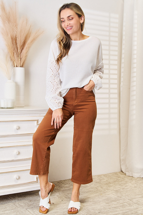 Shiny Eyelet Dropped Shoulder Round Neck Blouse - Image 4