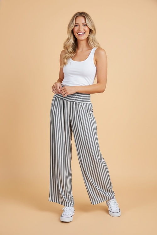 Stripe Shirred High Waist Wide Leg Pants - Image 2