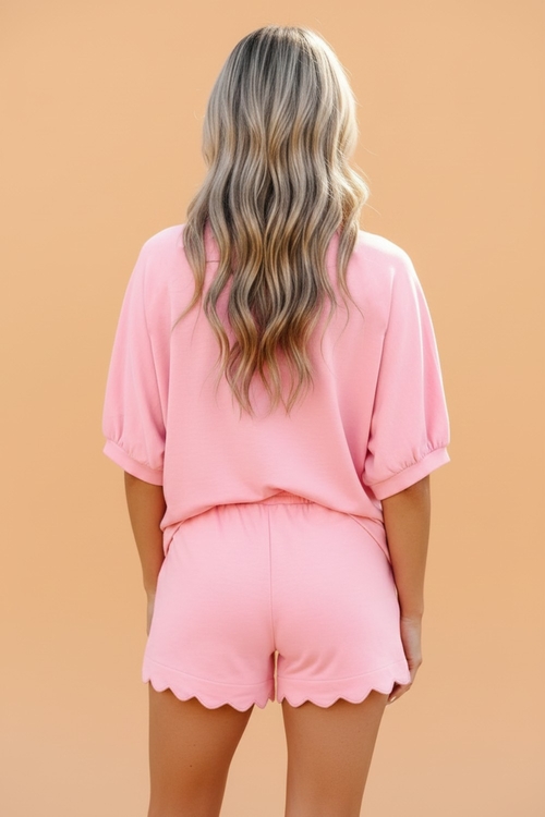 Scalloped V-Neck Dolman Top & Drawstring Short Set - Image 2