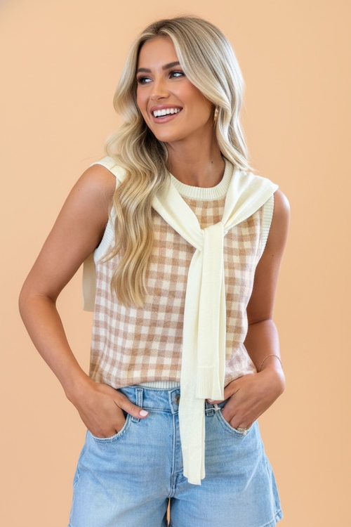 Gingham Sweater Tank Top & Detachable Knit Shawl