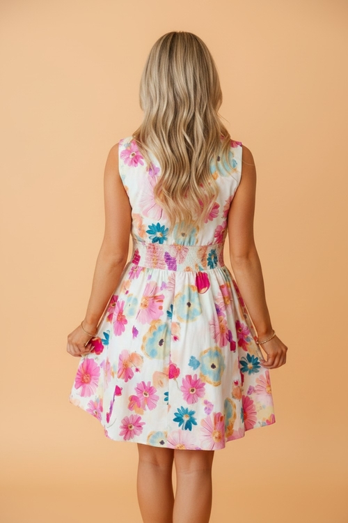 Floral Zip Up V-Neck Smocked Flared Mini Dress - Image 2