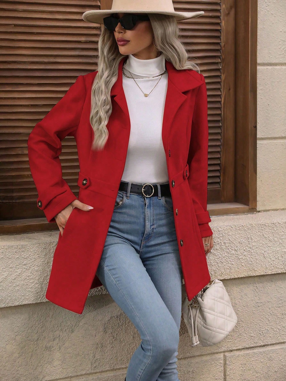 Elegant Single-breasted Woolen Coat Buttons Lapel Mid-length Jacket Temperament Commuter Outwear Clothing For Women - Image 5