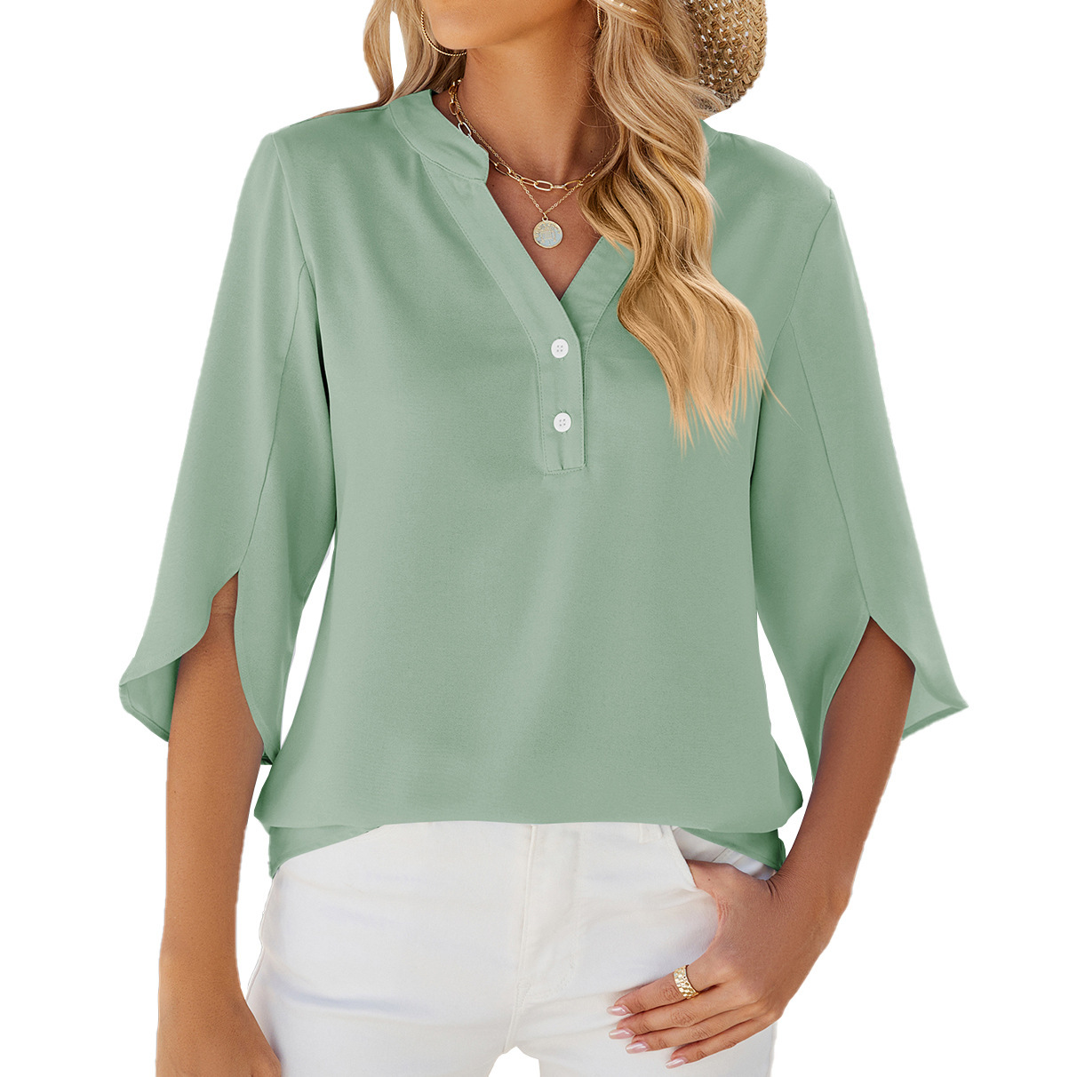 Button V-neck Mid-sleeve Chiffon Shirt Solid Color Top Womens Clothing - Image 5