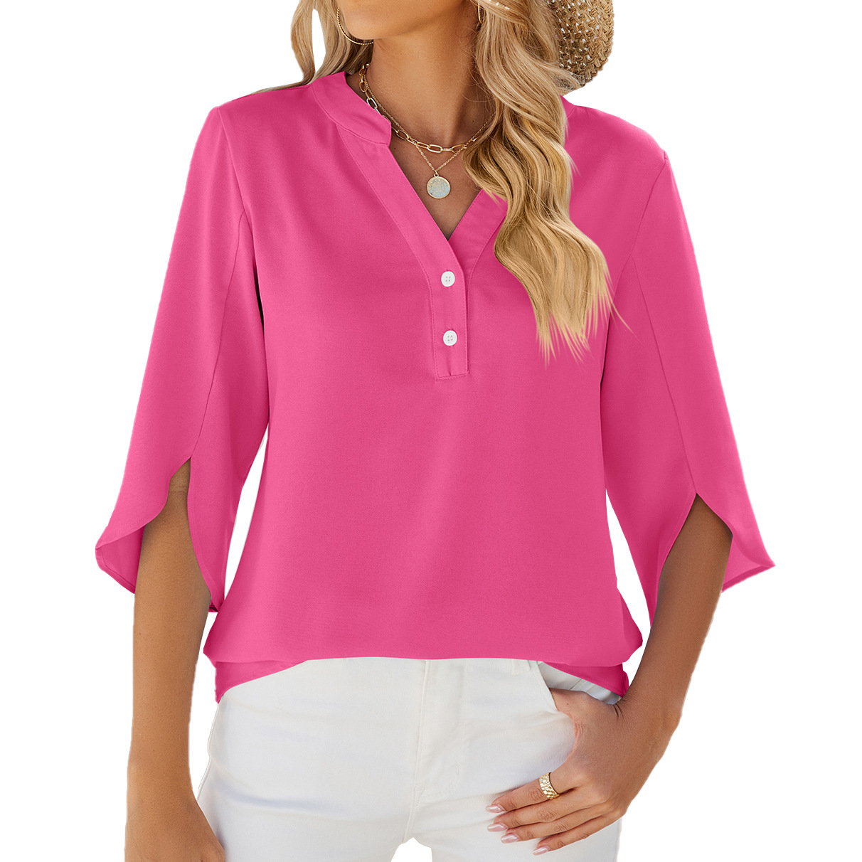 Button V-neck Mid-sleeve Chiffon Shirt Solid Color Top Womens Clothing - Image 4