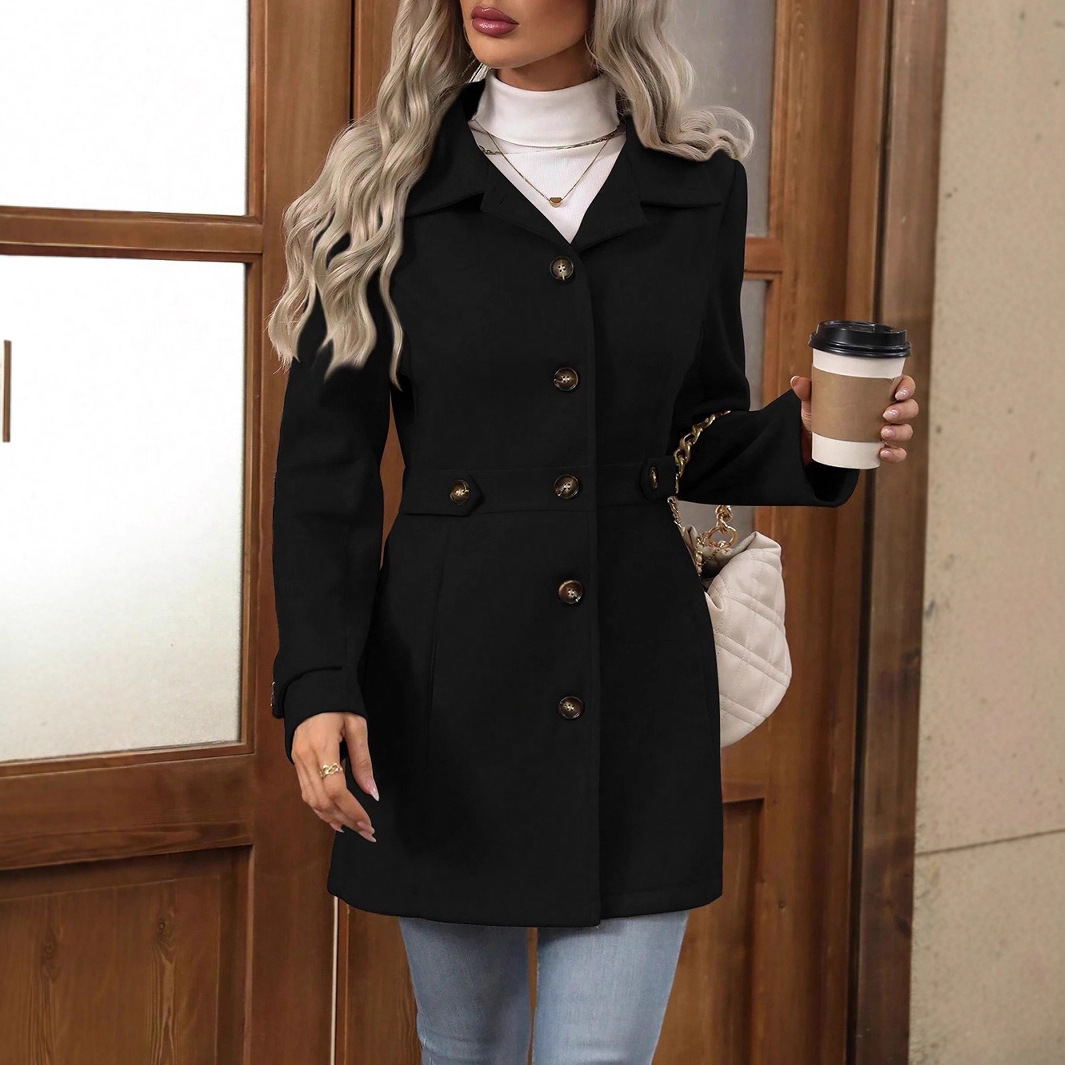 Elegant Single-breasted Woolen Coat Buttons Lapel Mid-length Jacket Temperament Commuter Outwear Clothing For Women - Image 10
