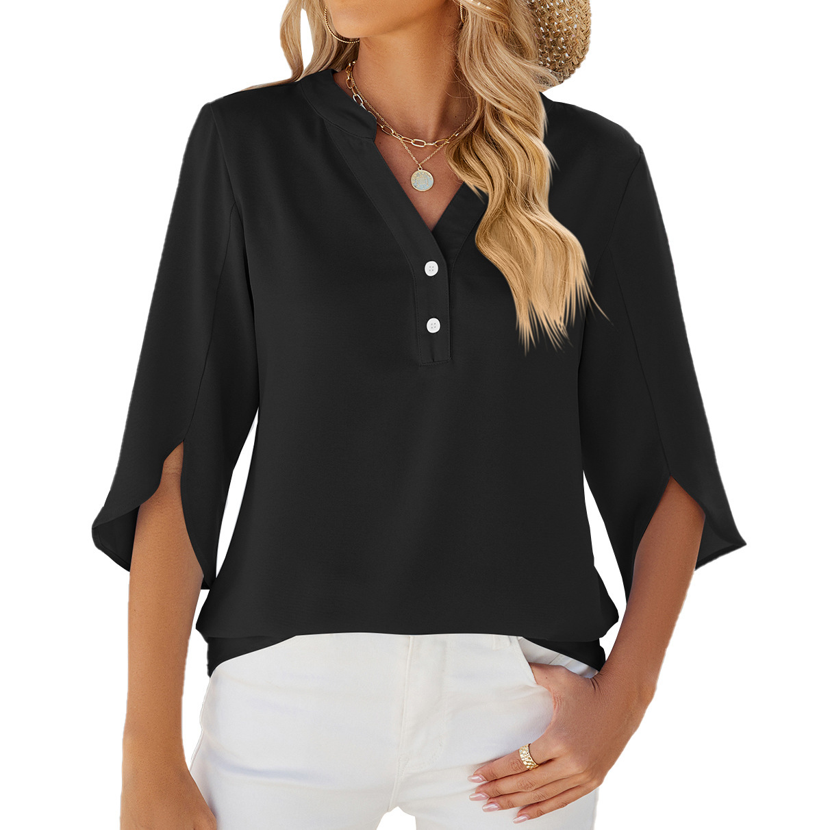 Button V-neck Mid-sleeve Chiffon Shirt Solid Color Top Womens Clothing - Image 6