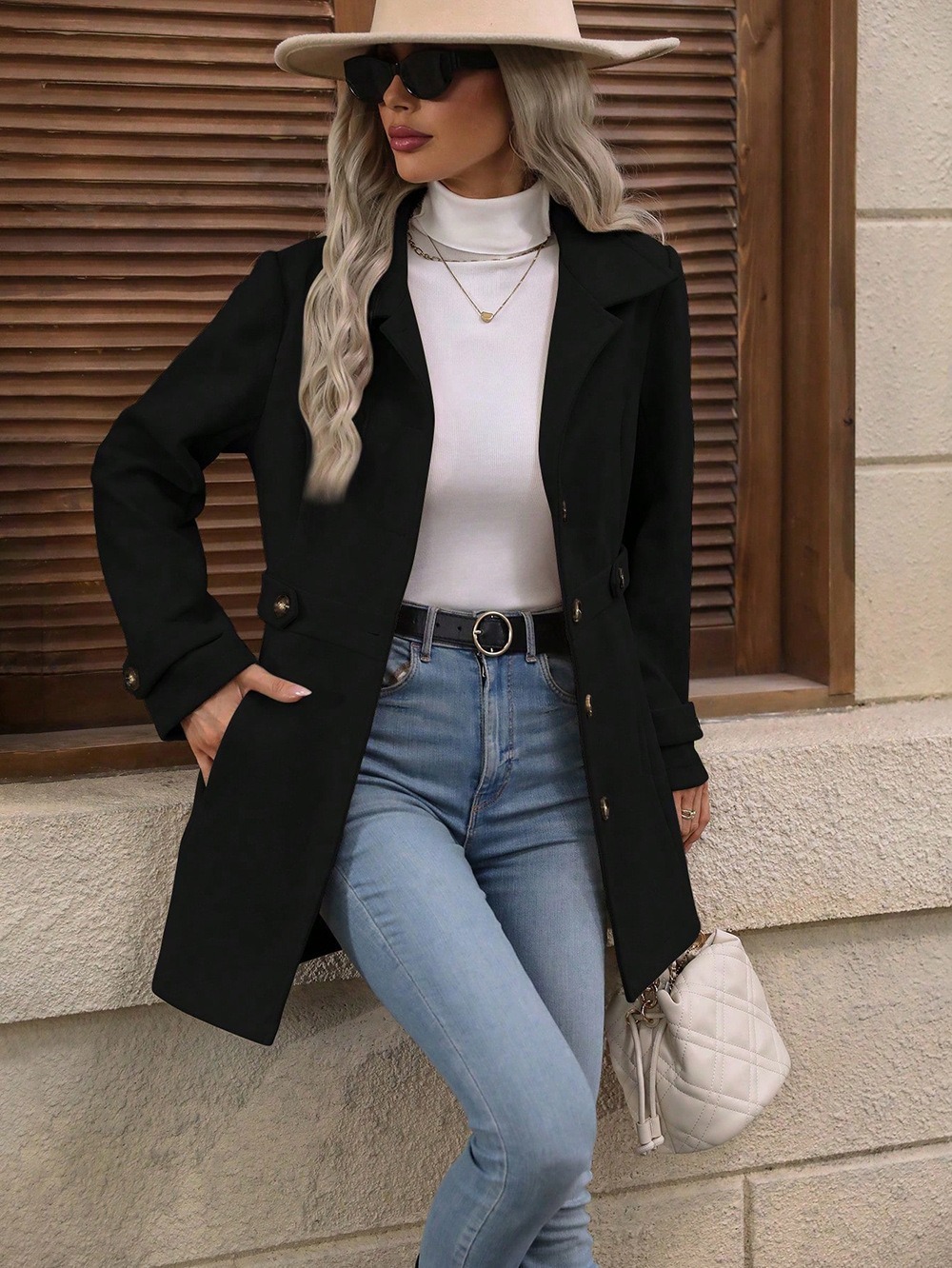 Elegant Single-breasted Woolen Coat Buttons Lapel Mid-length Jacket Temperament Commuter Outwear Clothing For Women - Image 8